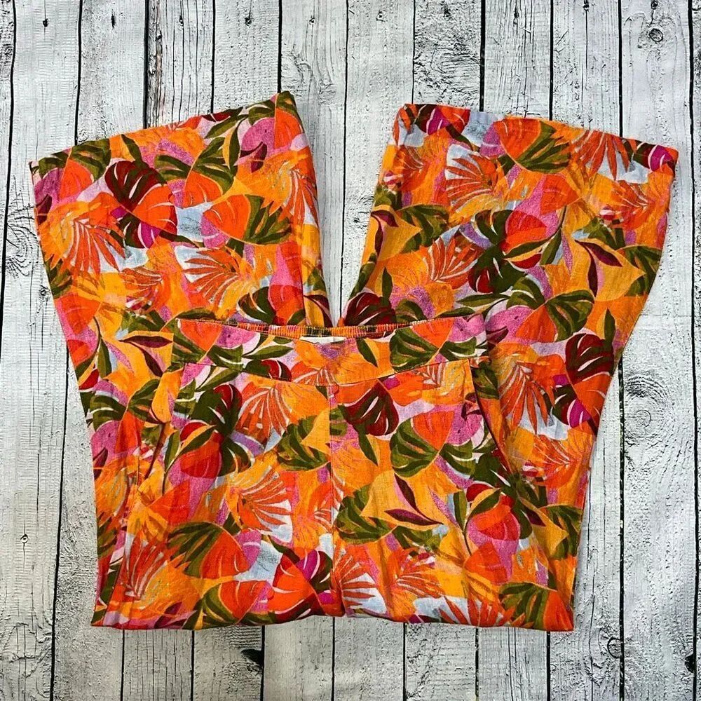 C&C California 100% Linen Wide Leg Hawaiian Print Crop Pants